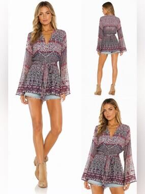 Converse Paisley Print V-Neck Tie-Waist Tunic - Burgundy, Navy